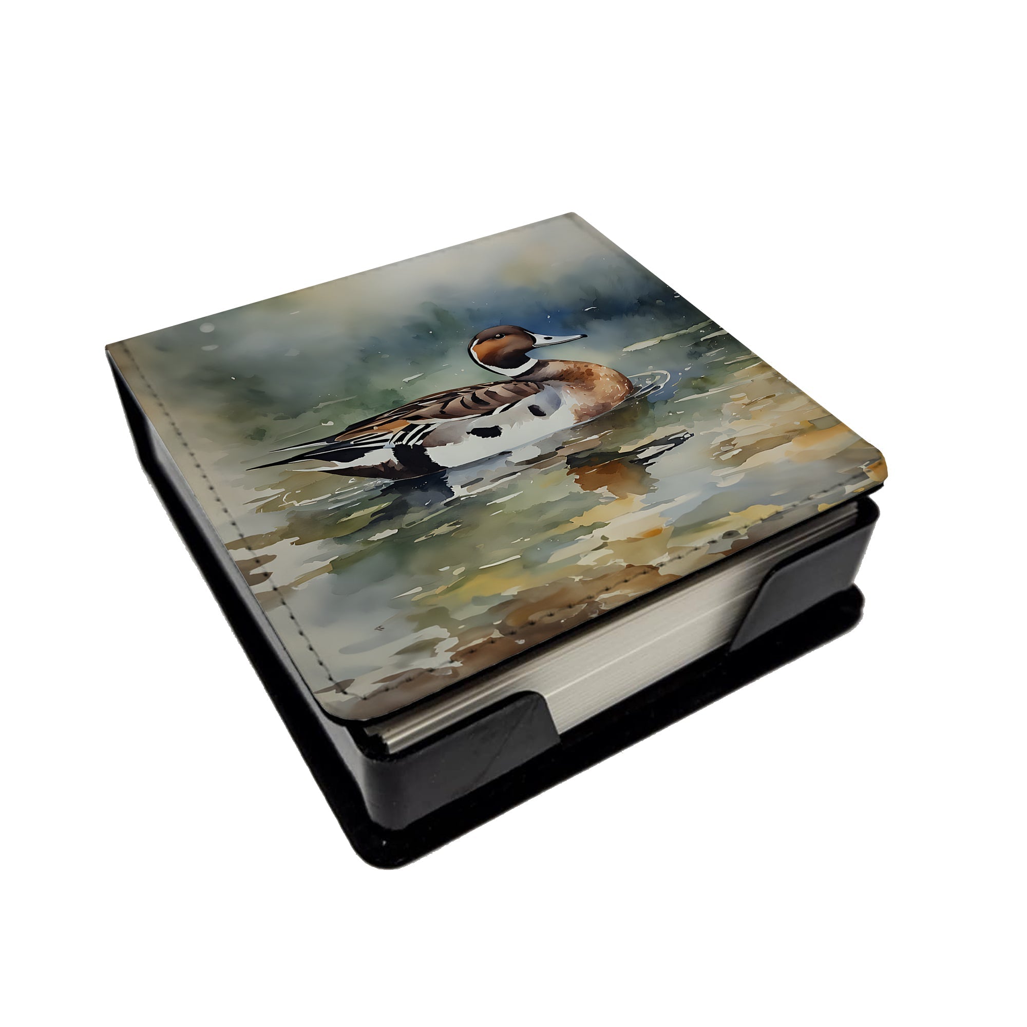 Northern Pintail Duck Swimming PU Leather Note Paper Holder with Artist-Designed Cover, Desk Accessory, Office Gift