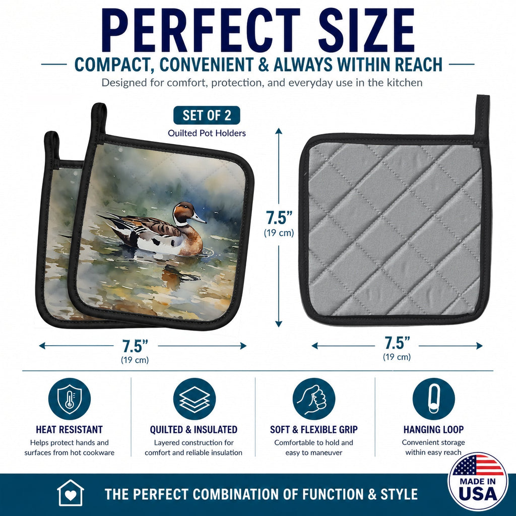 Northern Pintail Duck Swimming Pot Holder Set of 2 Heat Resistant Quilted Hot Pads 7.5 x 7.5 Inch, Insulated Kitchen Trivets for Cooking & Baking