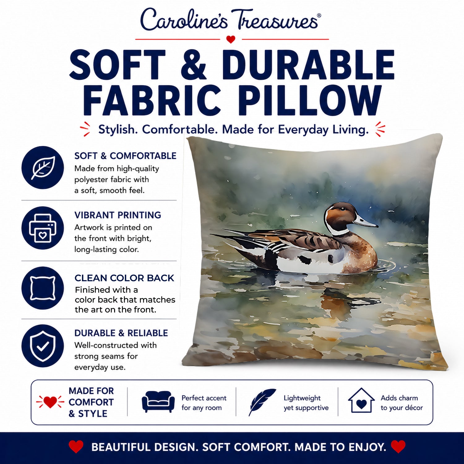 Northern Pintail Duck Swimming Decorative Throw Pillow 14x14 Indoor Outdoor Accent Cushion, Fabric Cover with Insert for Sofa, Bed, Porch & Living Room