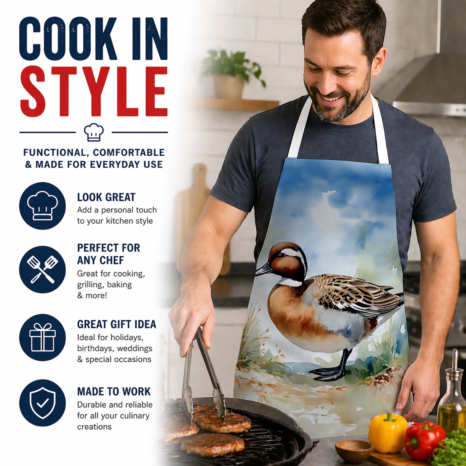 Northern Pintail Duck Standing Shore Apron Cooking Kitchen Server Baking Crafts Gardening for Adult Women Men, Unisex, Large, Multicolor