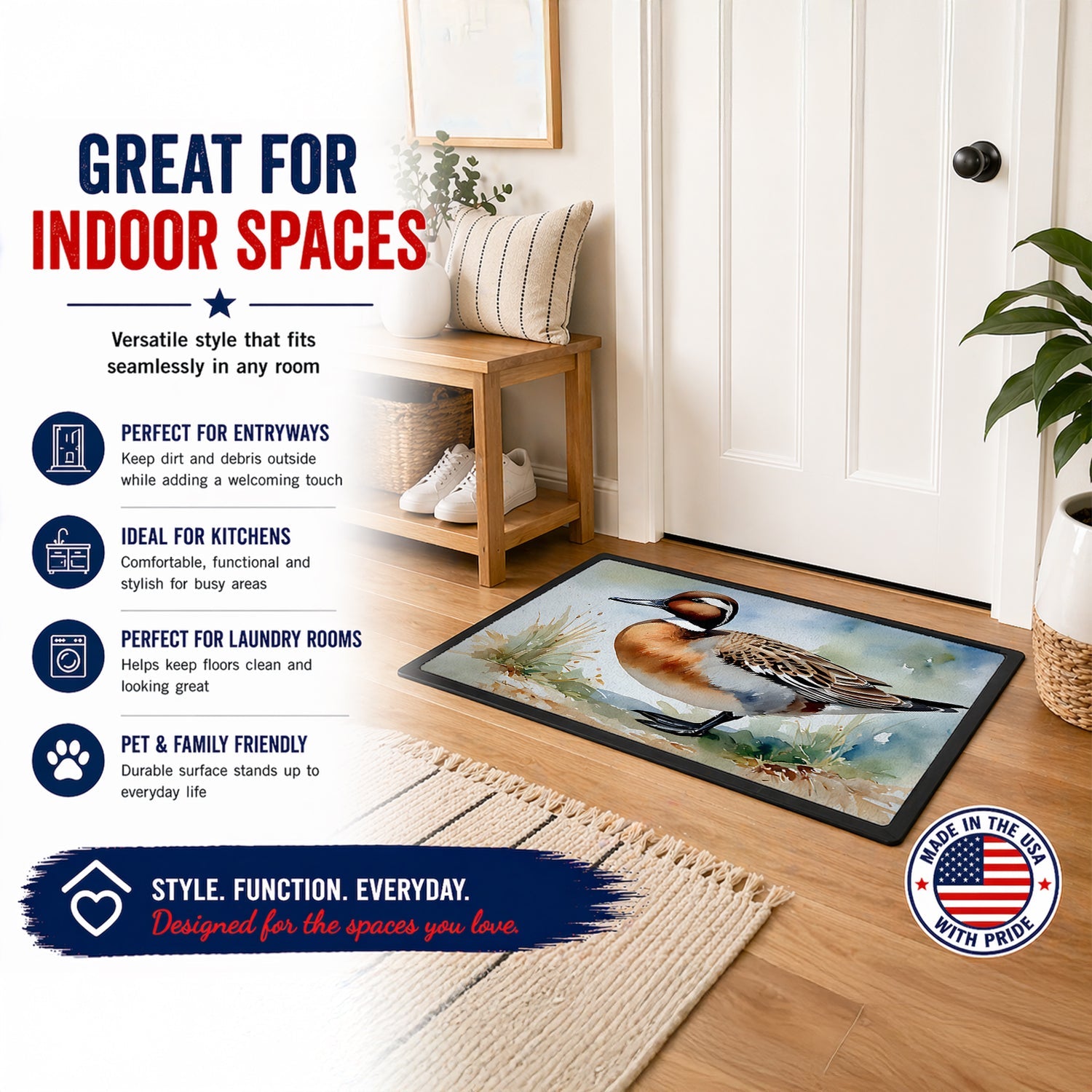 Northern Pintail Duck Standing Shore Doormat Indoor Outdoor 24H X 36W Front Door Mat Rugs for Entryway, Non Slip Washable Low Pile,