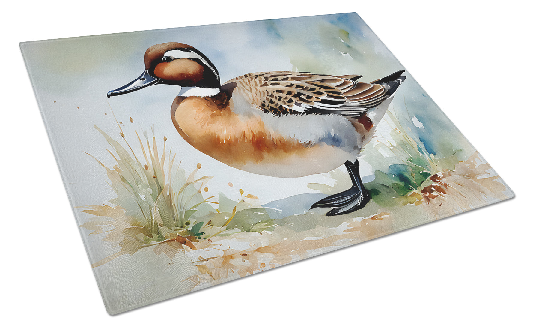 Northern Pintail Duck Standing Shore Cutting Board Tempered Glass Kitchen Cutting Surface, Heat Resistant Chopping, Non-Slip Feet, Food Prep & Serving