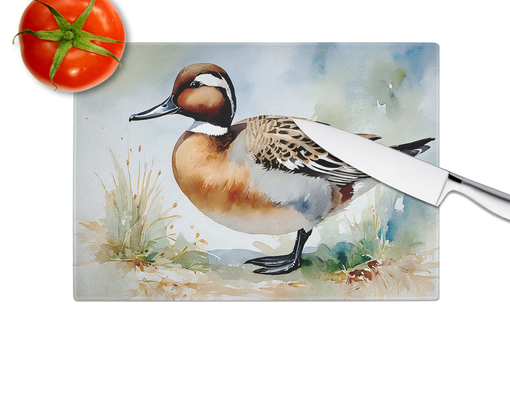 Northern Pintail Duck Standing Shore Cutting Board Tempered Glass Kitchen Cutting Surface, Heat Resistant Chopping, Non-Slip Feet, Food Prep & Serving