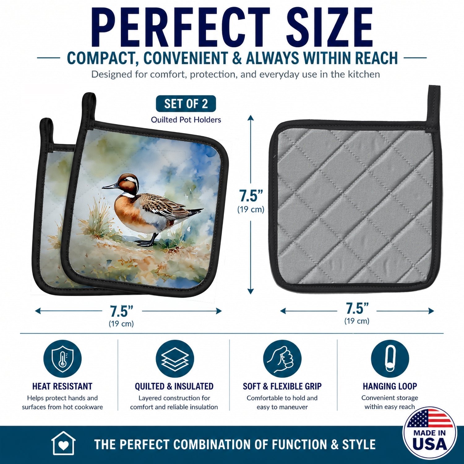 Northern Pintail Duck Standing Shore Pot Holder Set of 2 Heat Resistant Quilted Hot Pads 7.5 x 7.5 Inch, Insulated Kitchen Trivets for Cooking & Baking
