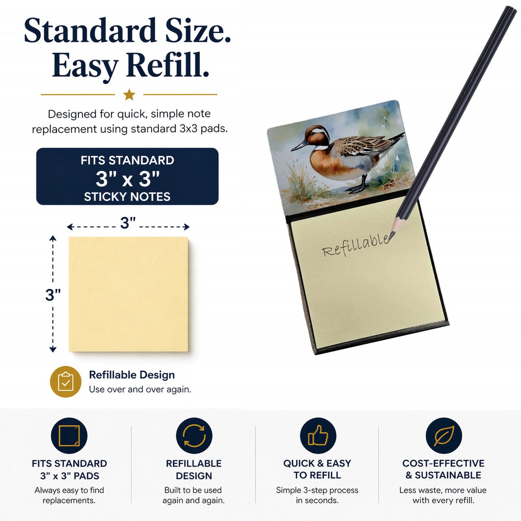 Northern Pintail Duck Standing Shore Watercolor Sticky Note Holder Refillable Dispenser Desk Accessory 3x3 Pad Gift