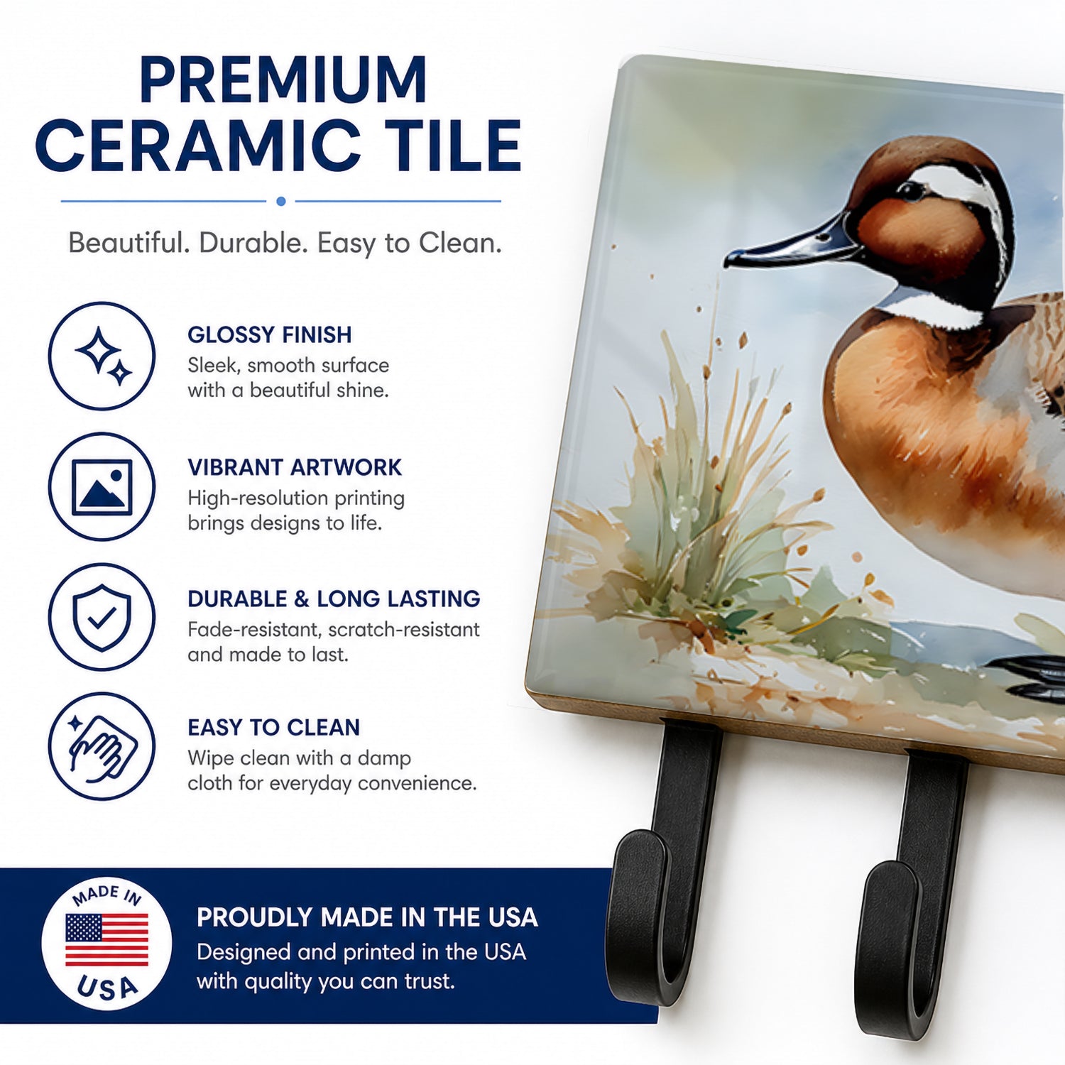 Northern Pintail Duck Standing Shore Leash or Key Holder Wall Hooks, Coat Rack Wall Mount, for Hanging Keys, Towels, Aprons, Leashes