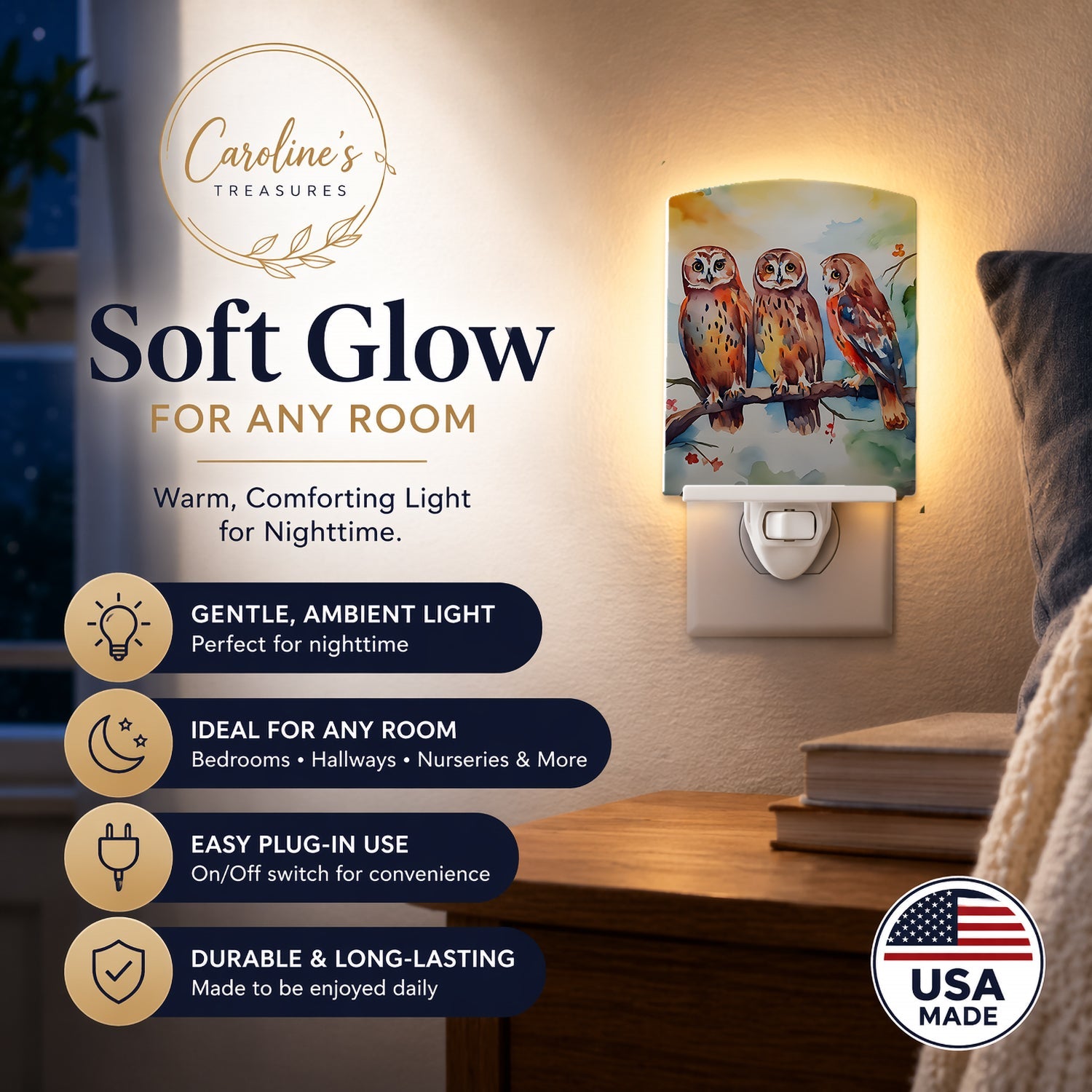 Three Owls Perched Branch Ceramic Night Light Compact, UL-Certified, Ideal for Bedroom, Bathroom, Nursery, Hallway, Kitchen, 6x4x3, Multicolor
