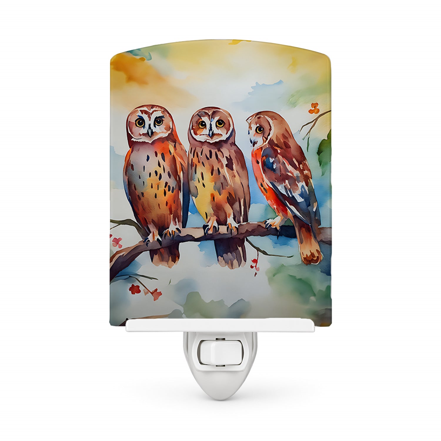 Three Owls Perched Branch Ceramic Night Light Compact, UL-Certified, Ideal for Bedroom, Bathroom, Nursery, Hallway, Kitchen, 6x4x3, Multicolor