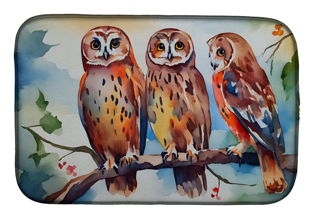 Three Owls Perched Branch Dish Drying Mat Absorbent Dish Drying Mat Pad for Kitchen Counter Dish Drainer Mat for Countertop, 14 x 21", Multicolor