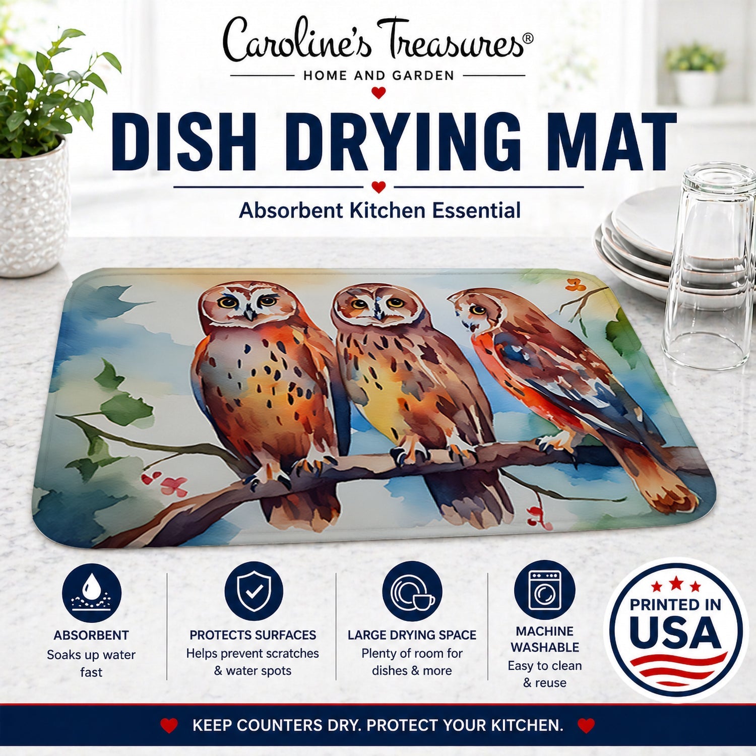 Three Owls Perched Branch Dish Drying Mat Absorbent Dish Drying Mat Pad for Kitchen Counter Dish Drainer Mat for Countertop, 14 x 21", Multicolor