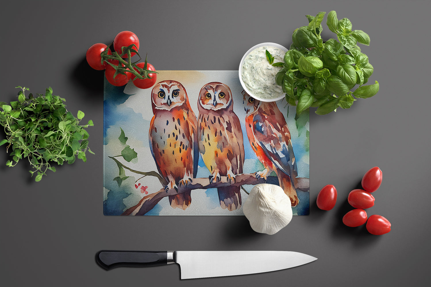Three Owls Perched Branch Cutting Board Tempered Glass Kitchen Cutting Surface, Heat Resistant Chopping, Non-Slip Feet, Food Prep & Serving