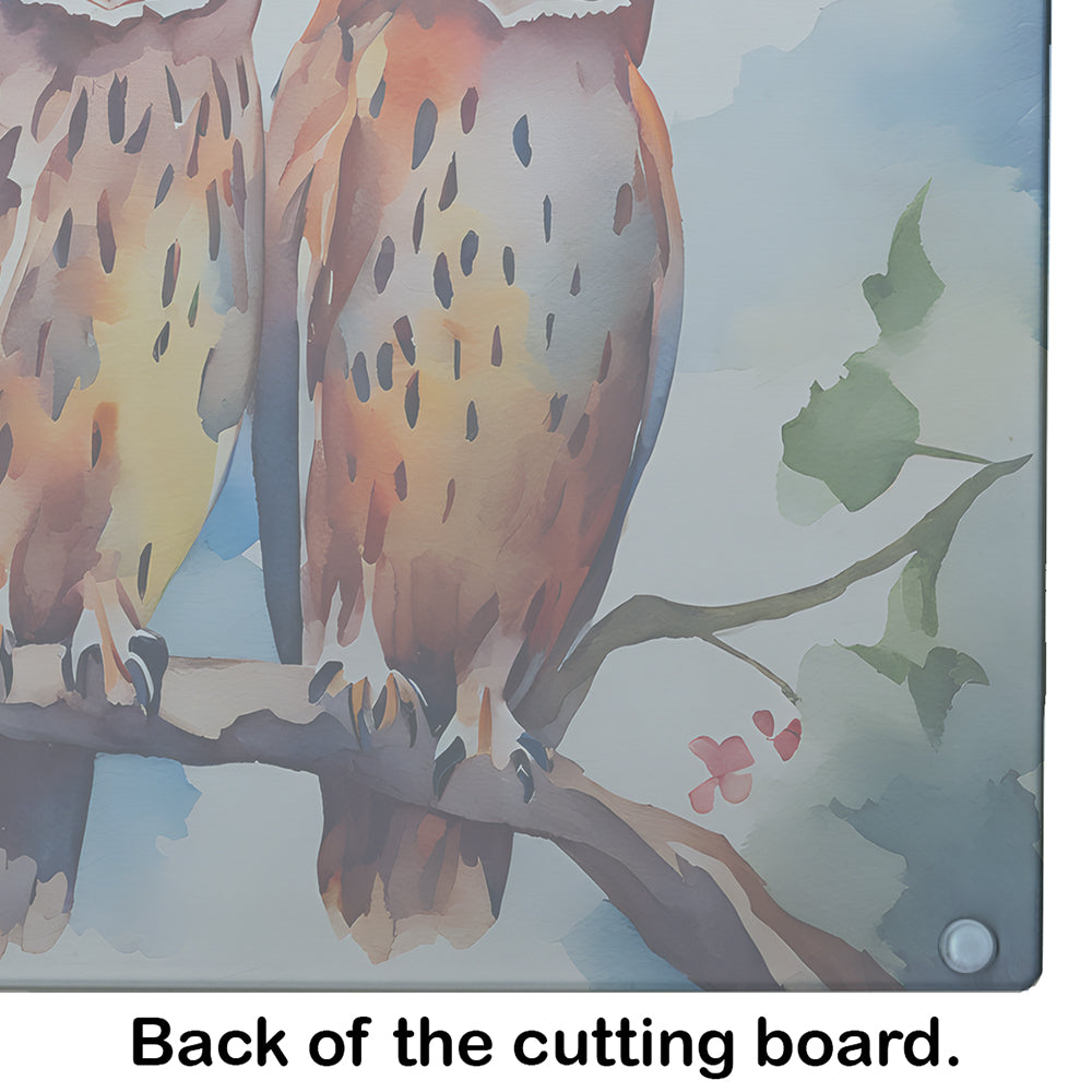 Three Owls Perched Branch Cutting Board Tempered Glass Kitchen Cutting Surface, Heat Resistant Chopping, Non-Slip Feet, Food Prep & Serving