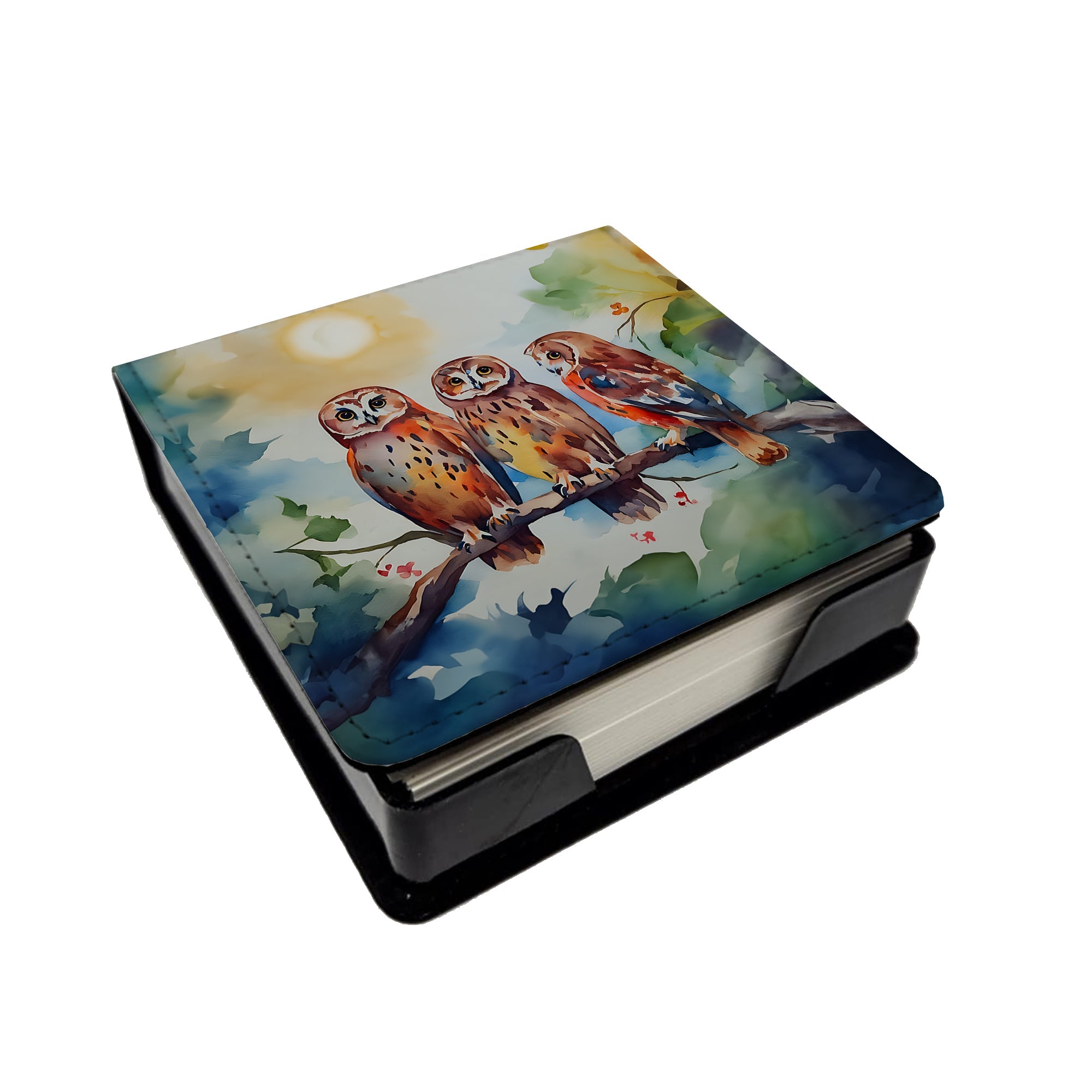Three Owls Perched Branch PU Leather Note Paper Holder with Artist-Designed Cover, Desk Accessory, Office Gift