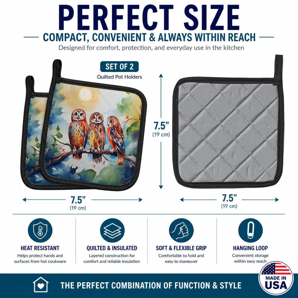 Three Owls Perched Branch Pot Holder Set of 2 Heat Resistant Quilted Hot Pads 7.5 x 7.5 Inch, Insulated Kitchen Trivets for Cooking & Baking