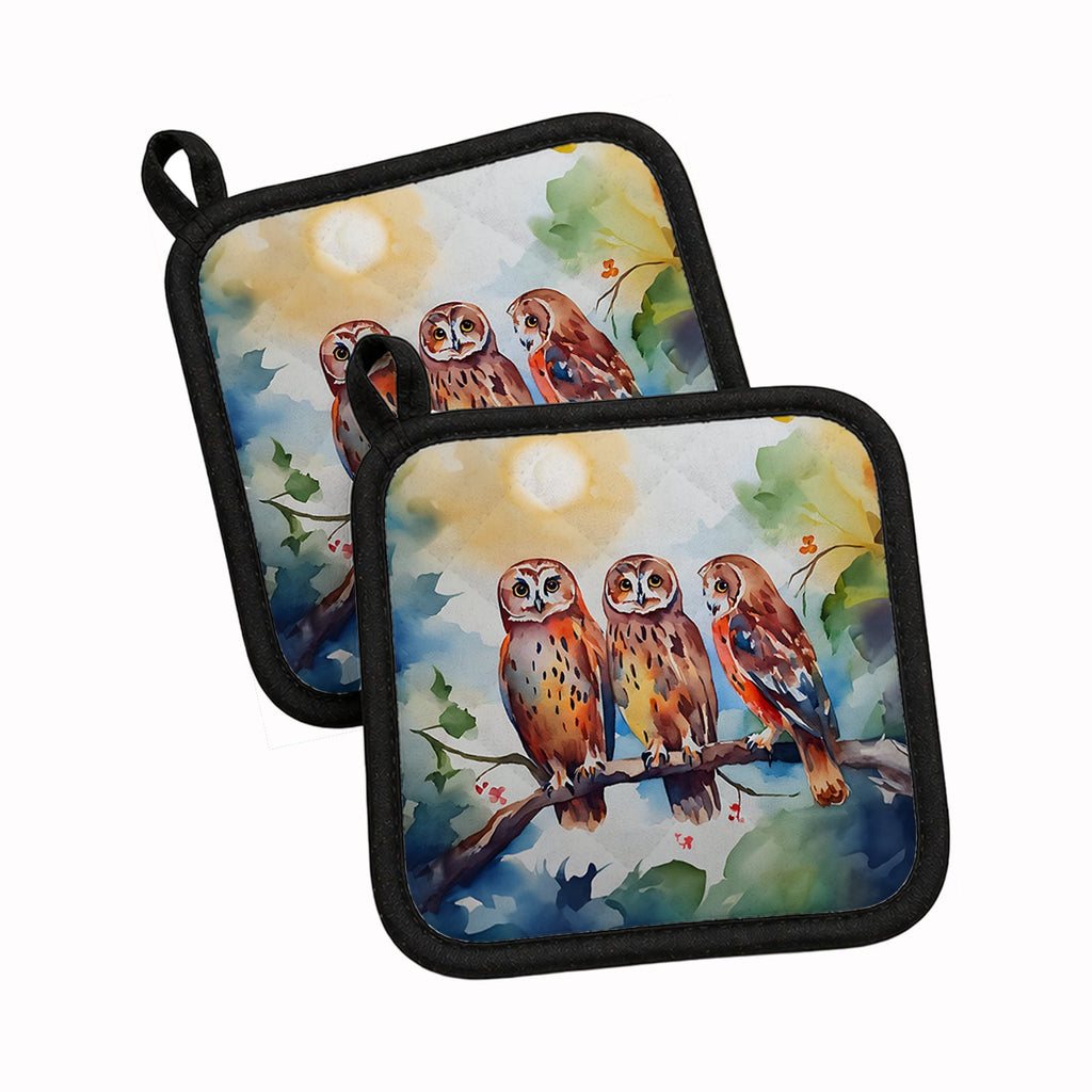 Three Owls Perched Branch Pot Holder Set of 2 Heat Resistant Quilted Hot Pads 7.5 x 7.5 Inch, Insulated Kitchen Trivets for Cooking & Baking