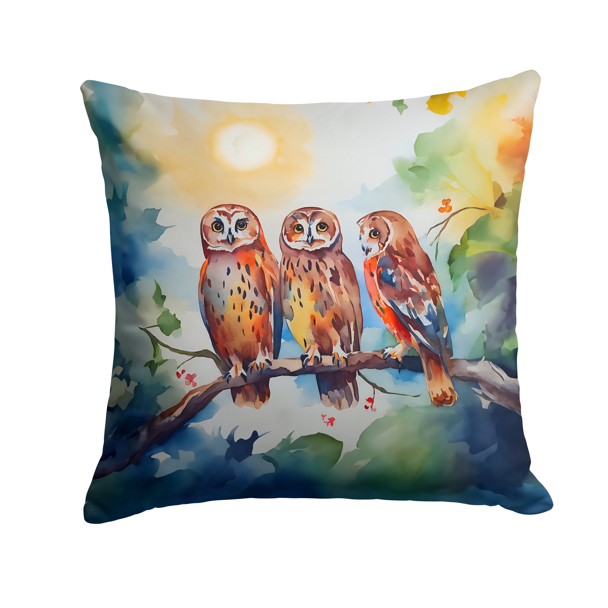Three Owls Perched Branch Decorative Throw Pillow 18x18 Indoor Outdoor Accent Cushion, Fabric Cover with Insert for Sofa, Bed, Porch & Living Room