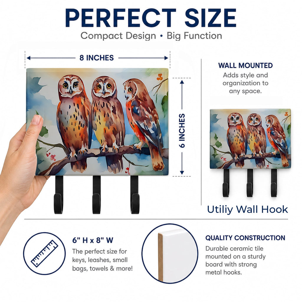 Three Owls Perched Branch Leash or Key Holder Wall Hooks, Coat Rack Wall Mount, for Hanging Keys, Towels, Aprons, Leashes