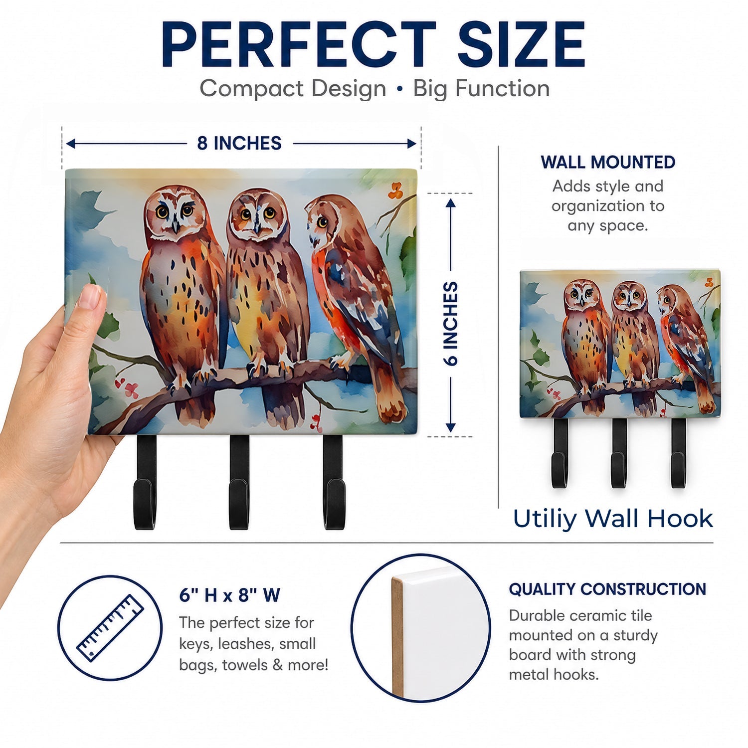 Three Owls Perched Branch Leash or Key Holder Wall Hooks, Coat Rack Wall Mount, for Hanging Keys, Towels, Aprons, Leashes