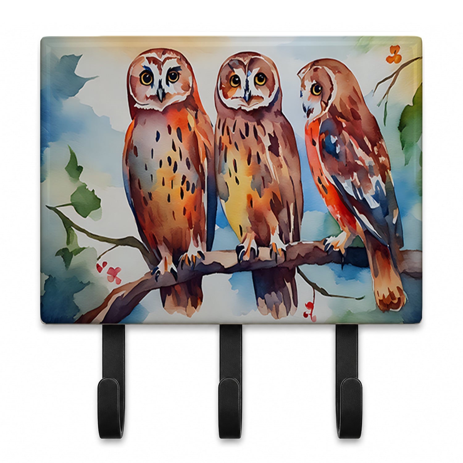 Three Owls Perched Branch Leash or Key Holder Wall Hooks, Coat Rack Wall Mount, for Hanging Keys, Towels, Aprons, Leashes