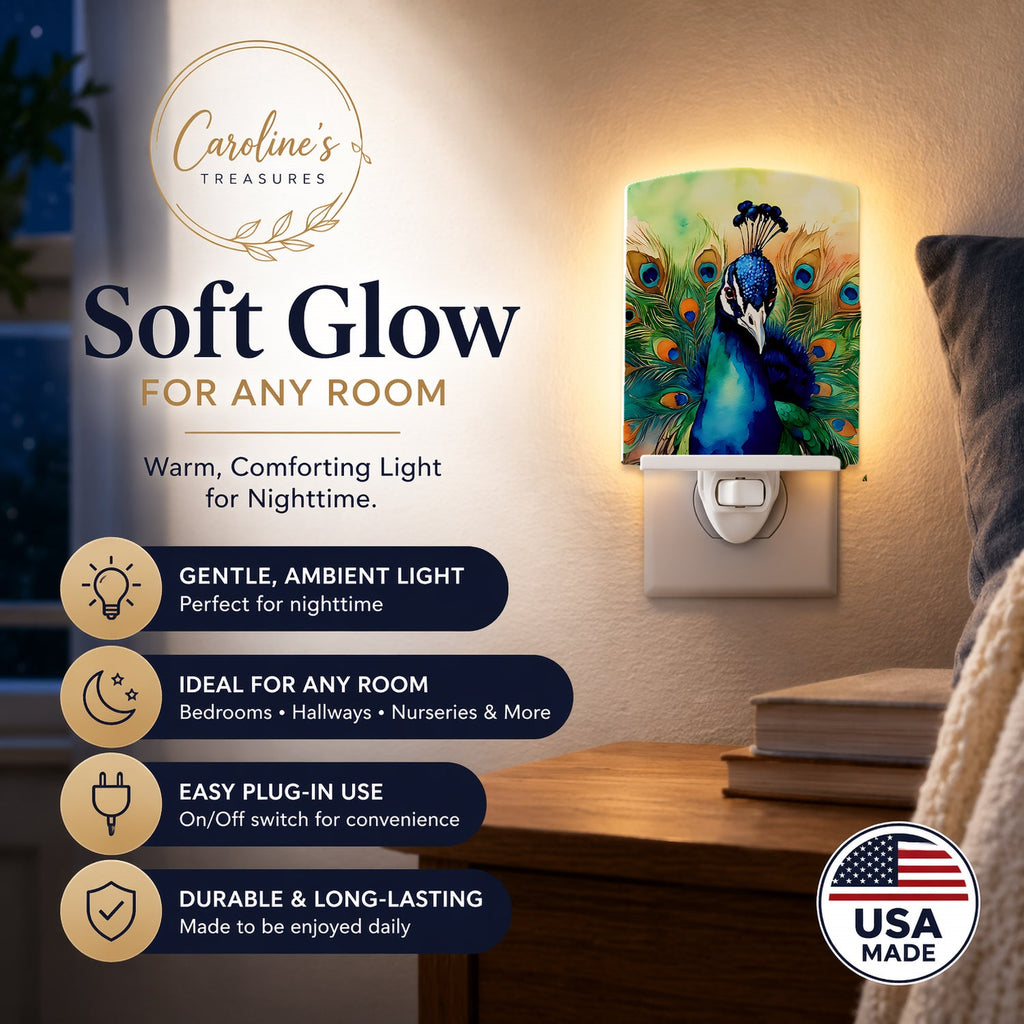 Peacock Displaying Feathers Ceramic Night Light Compact, UL-Certified, Ideal for Bedroom, Bathroom, Nursery, Hallway, Kitchen, 6x4x3, Multicolor