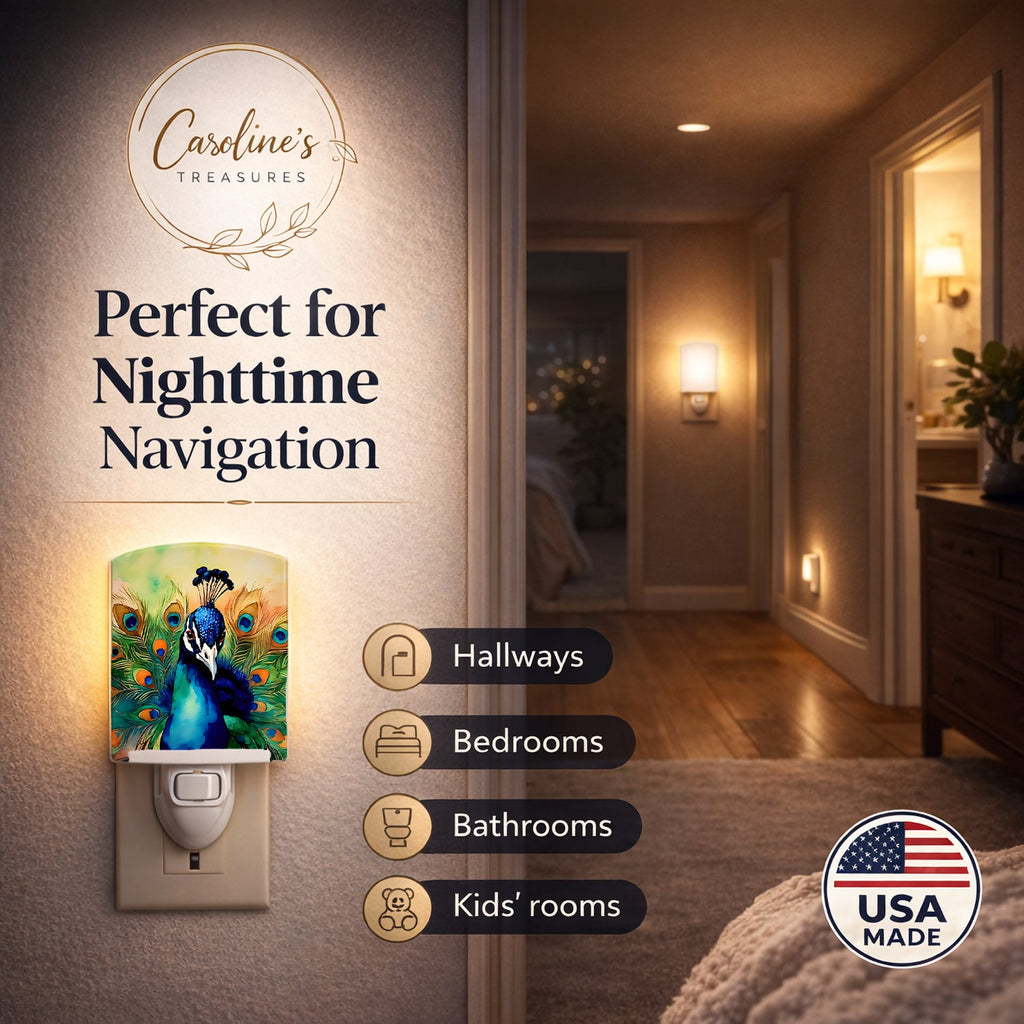 Peacock Displaying Feathers Ceramic Night Light Compact, UL-Certified, Ideal for Bedroom, Bathroom, Nursery, Hallway, Kitchen, 6x4x3, Multicolor