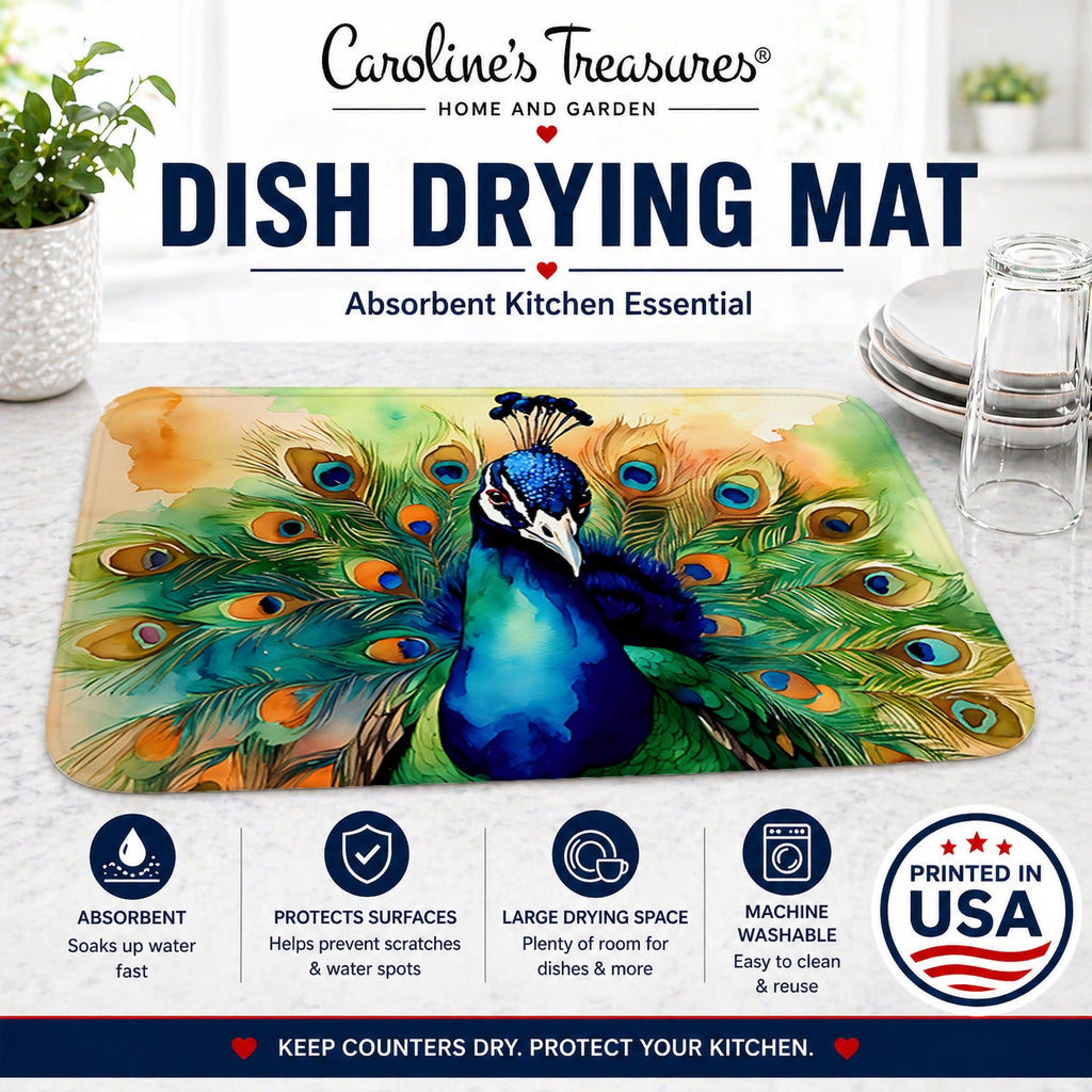 Peacock Displaying Feathers Dish Drying Mat Absorbent Dish Drying Mat Pad for Kitchen Counter Dish Drainer Mat for Countertop, 14 x 21", Multicolor