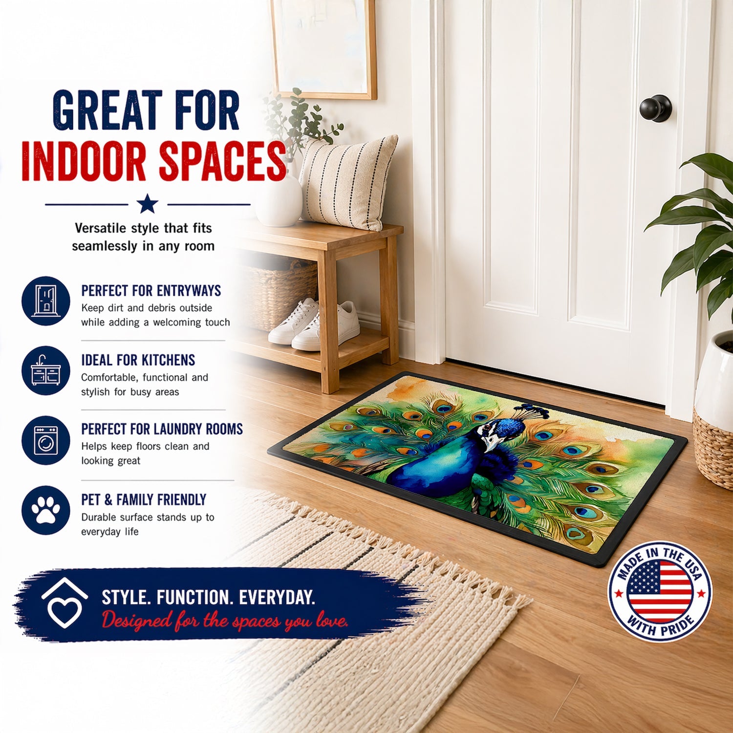 Peacock Displaying Feathers Doormat Indoor Outdoor 24H X 36W Front Door Mat Rugs for Entryway, Non Slip Washable Low Pile,