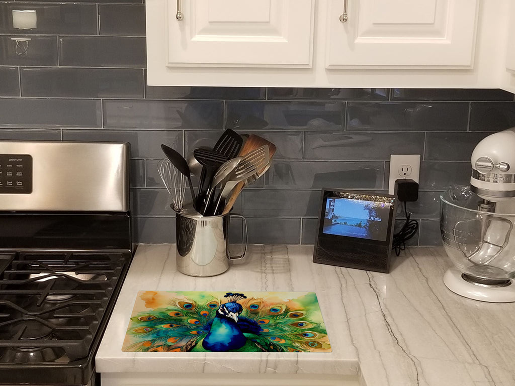 Peacock Displaying Feathers Cutting Board Tempered Glass Kitchen Cutting Surface, Heat Resistant Chopping, Non-Slip Feet, Food Prep & Serving