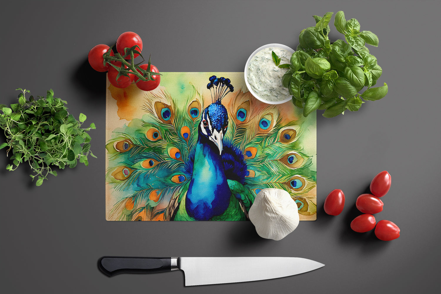 Peacock Displaying Feathers Cutting Board Tempered Glass Kitchen Cutting Surface, Heat Resistant Chopping, Non-Slip Feet, Food Prep & Serving