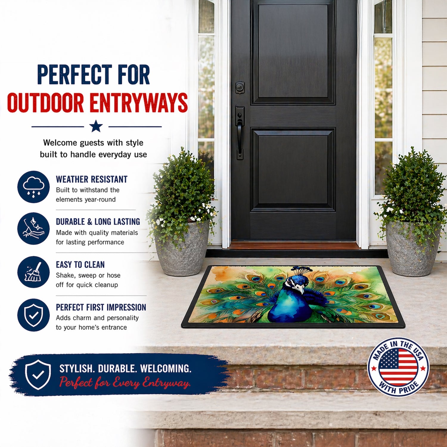 Peacock Displaying Feathers Doormat Indoor Outdoor 18H X 27W Front Door Mat Rugs for Entryway, Non Slip Washable