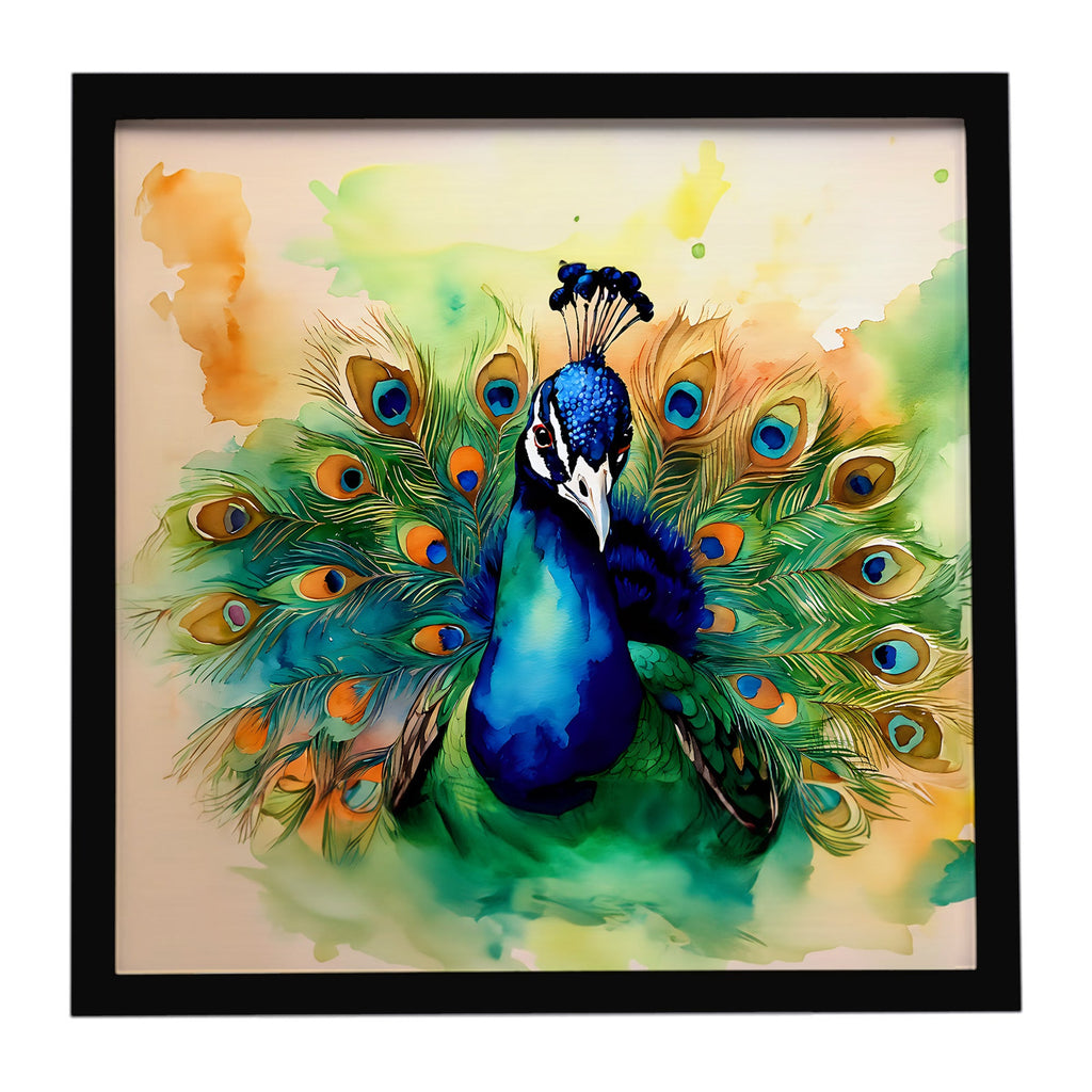 Peacock Displaying Feathers Framed Metal Print Bathroom, Kitchen, Office, Home Decor Wall Art Ready to Hang, Square, 8X8