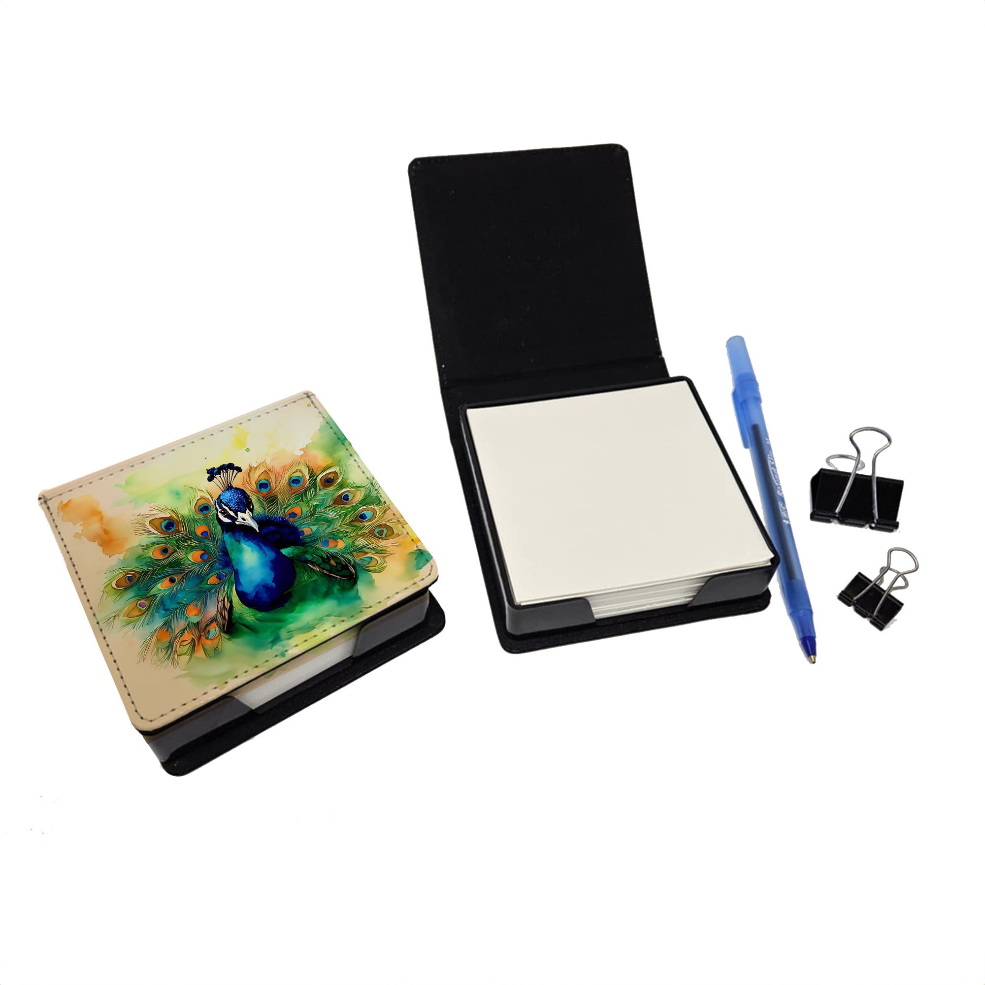 Peacock Displaying Feathers PU Leather Note Paper Holder with Artist-Designed Cover, Desk Accessory, Office Gift