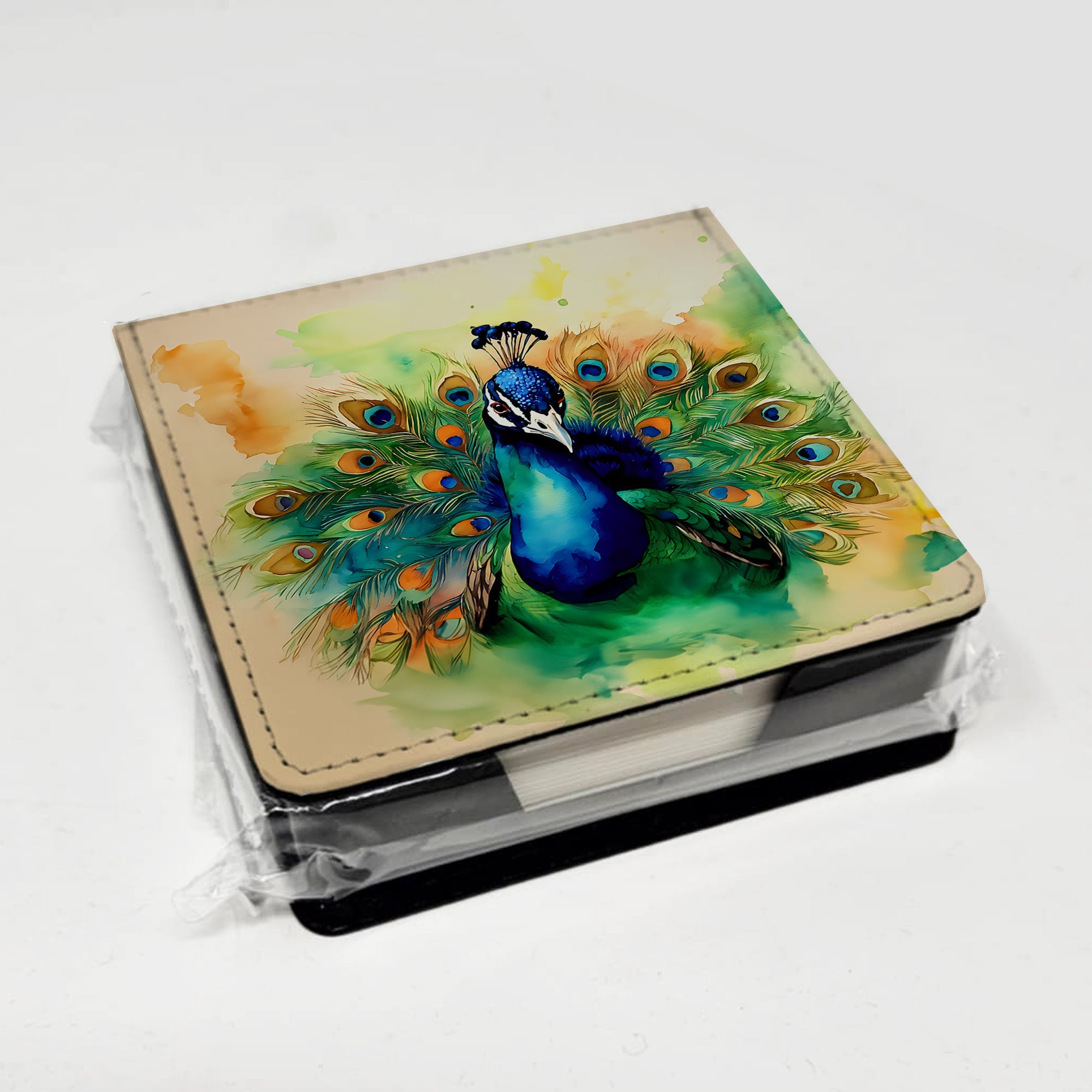 Peacock Displaying Feathers PU Leather Note Paper Holder with Artist-Designed Cover, Desk Accessory, Office Gift