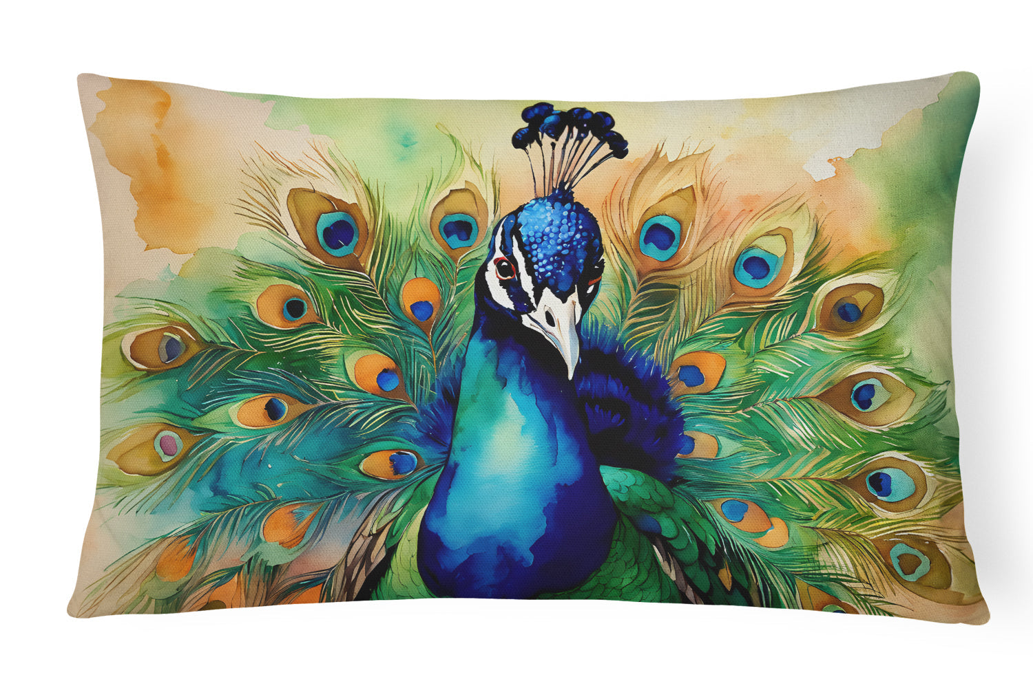 Peacock Displaying Feathers Decorative Throw Pillow 12x16 Indoor Outdoor Accent Cushion, Fabric Cover with Insert for Sofa, Bed, Porch & Living Room