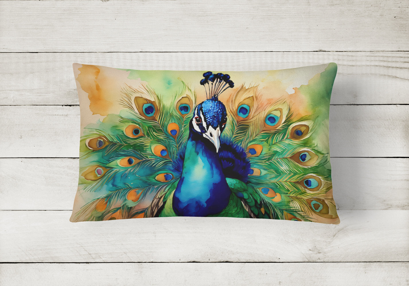 Peacock Displaying Feathers Decorative Throw Pillow 12x16 Indoor Outdoor Accent Cushion, Fabric Cover with Insert for Sofa, Bed, Porch & Living Room