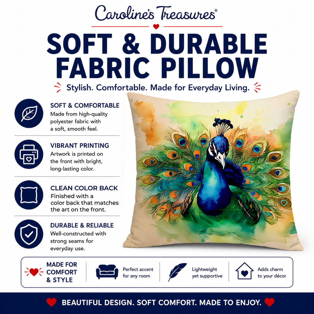 Peacock Displaying Feathers Decorative Throw Pillow 14x14 Indoor Outdoor Accent Cushion, Fabric Cover with Insert for Sofa, Bed, Porch & Living Room