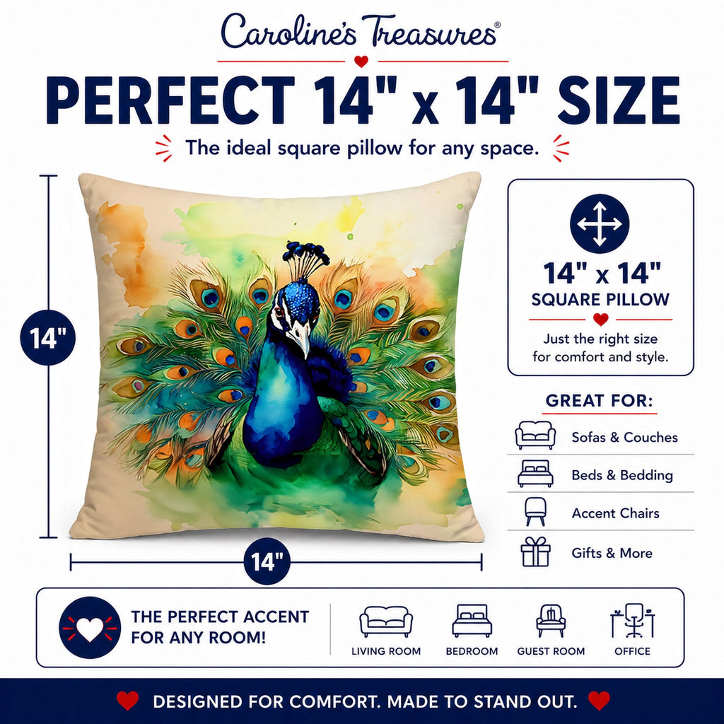 Peacock Displaying Feathers Decorative Throw Pillow 14x14 Indoor Outdoor Accent Cushion, Fabric Cover with Insert for Sofa, Bed, Porch & Living Room