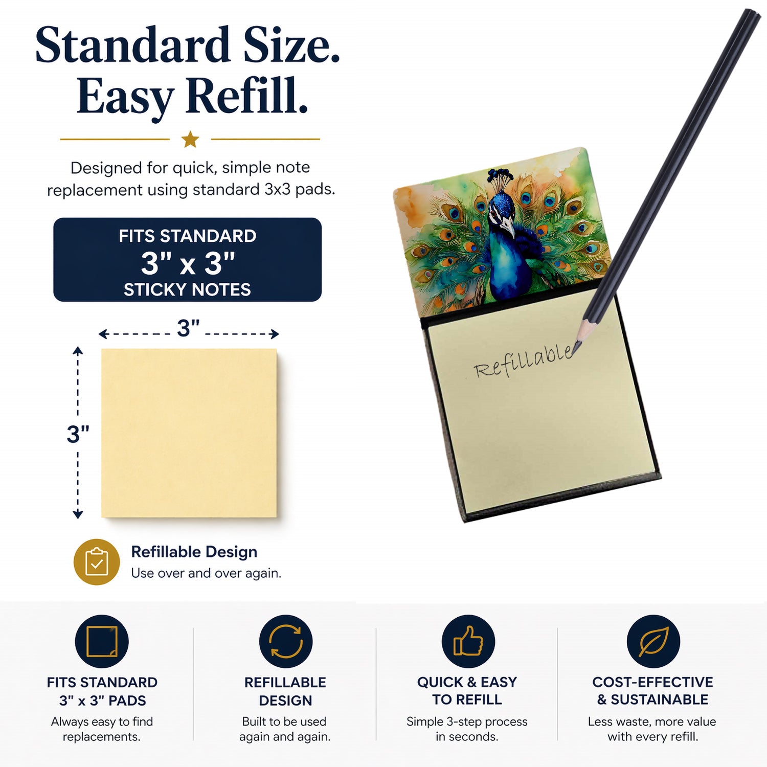 Peacock Displaying Feathers Watercolor Sticky Note Holder Refillable Dispenser Desk Accessory 3x3 Pad Gift