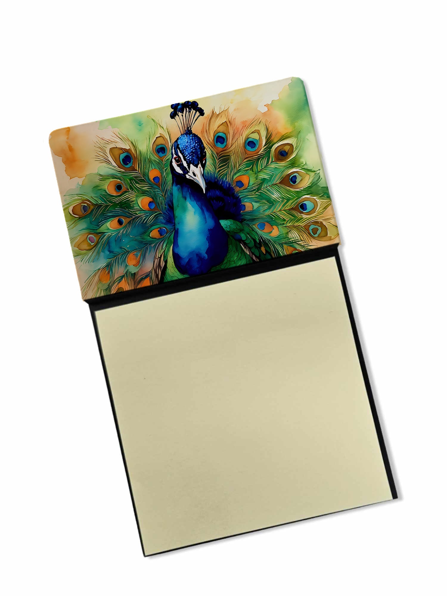 Peacock Displaying Feathers Watercolor Sticky Note Holder Refillable Dispenser Desk Accessory 3x3 Pad Gift