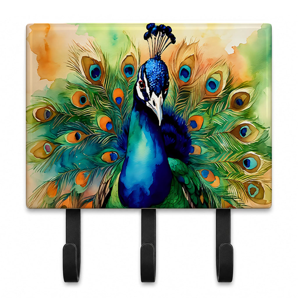 Peacock Displaying Feathers Leash or Key Holder Wall Hooks, Coat Rack Wall Mount, for Hanging Keys, Towels, Aprons, Leashes