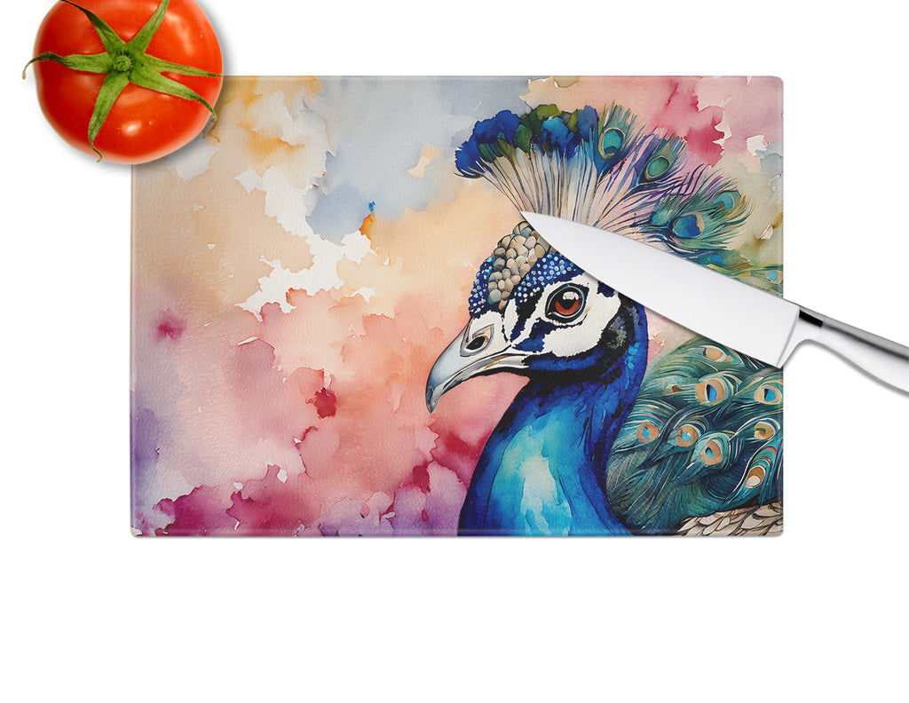Peacock Portrait Colorful Cutting Board Tempered Glass Kitchen Cutting Surface, Heat Resistant Chopping, Non-Slip Feet, Food Prep & Serving