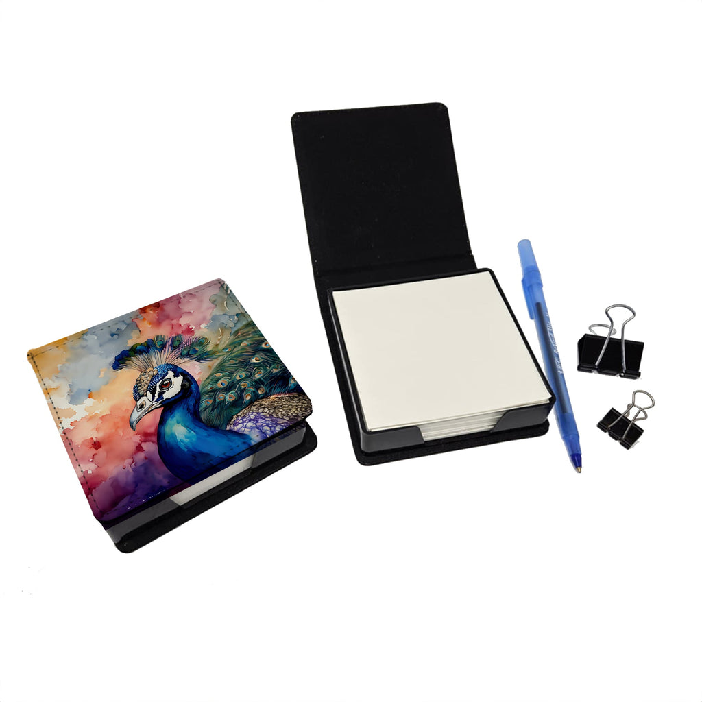 Peacock Portrait Colorful PU Leather Note Paper Holder with Artist-Designed Cover, Desk Accessory, Office Gift