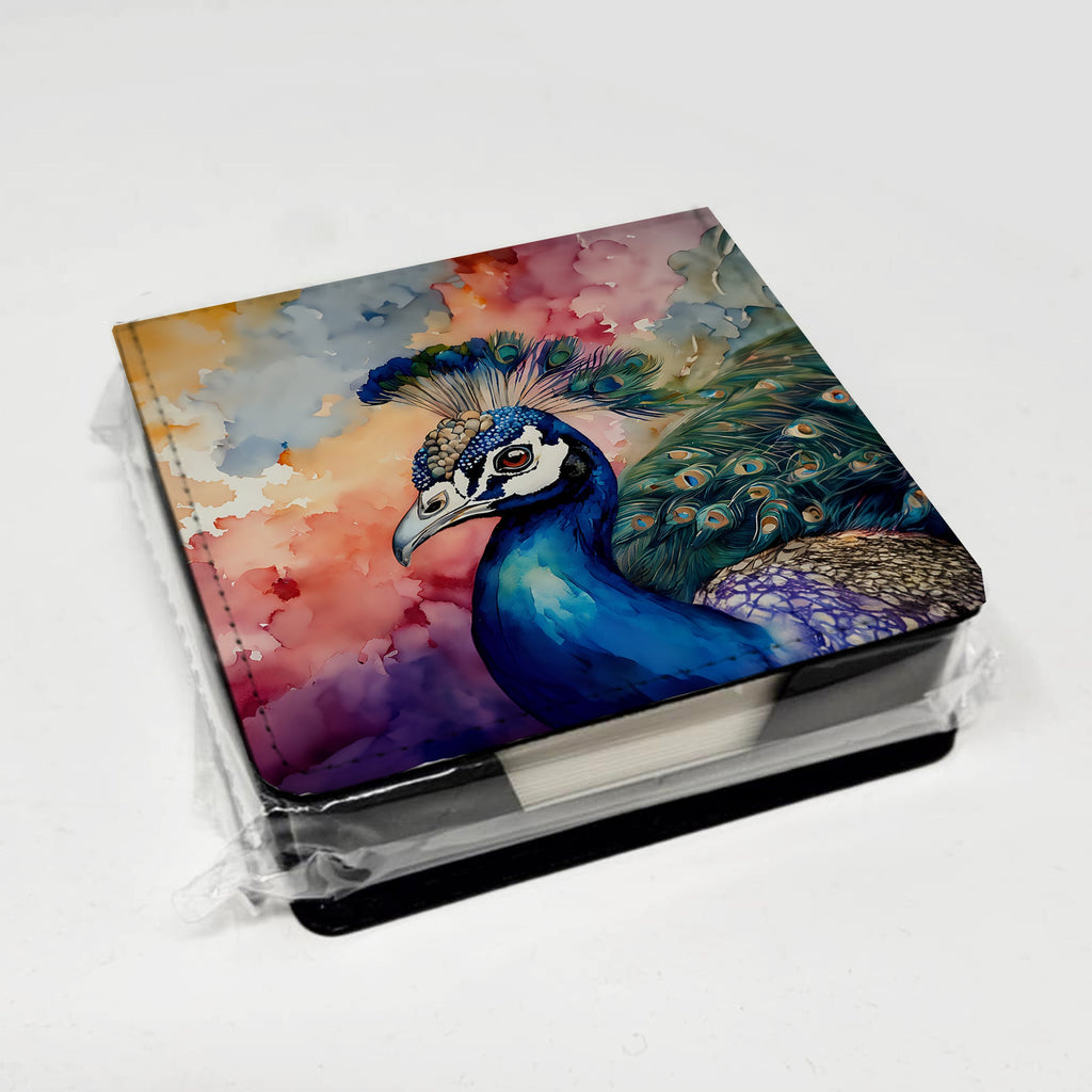 Peacock Portrait Colorful PU Leather Note Paper Holder with Artist-Designed Cover, Desk Accessory, Office Gift