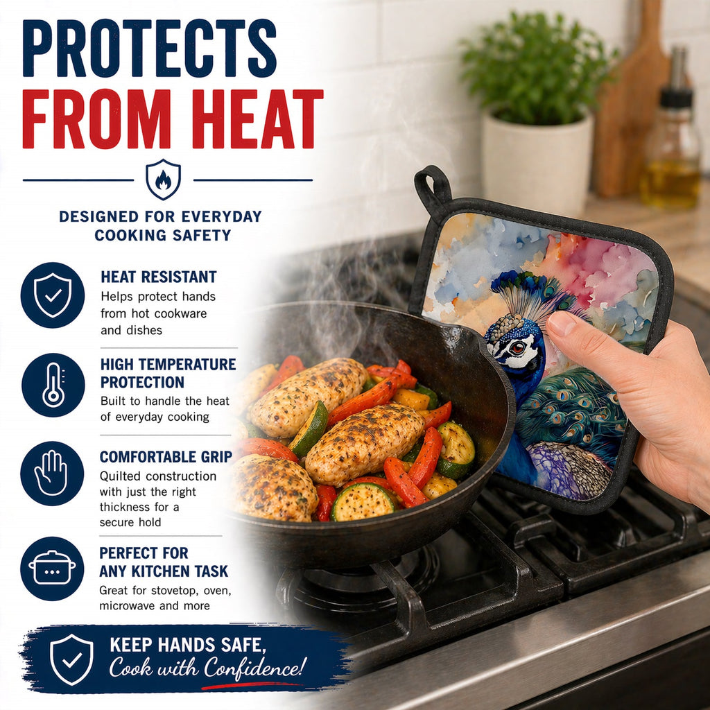 Peacock Portrait Colorful Pot Holder Set of 2 Heat Resistant Quilted Hot Pads 7.5 x 7.5 Inch, Insulated Kitchen Trivets for Cooking & Baking