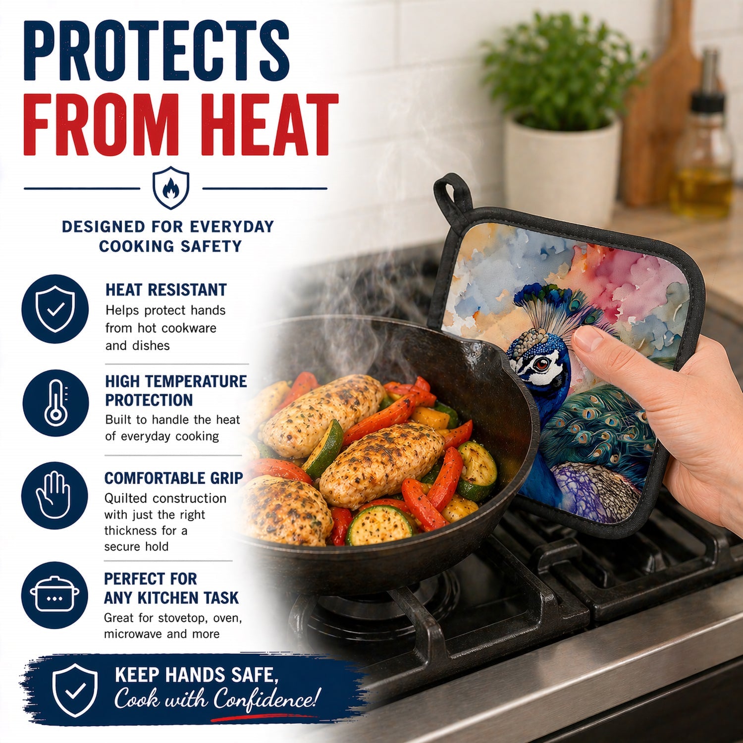 Peacock Portrait Colorful Pot Holder Set of 2 Heat Resistant Quilted Hot Pads 7.5 x 7.5 Inch, Insulated Kitchen Trivets for Cooking & Baking