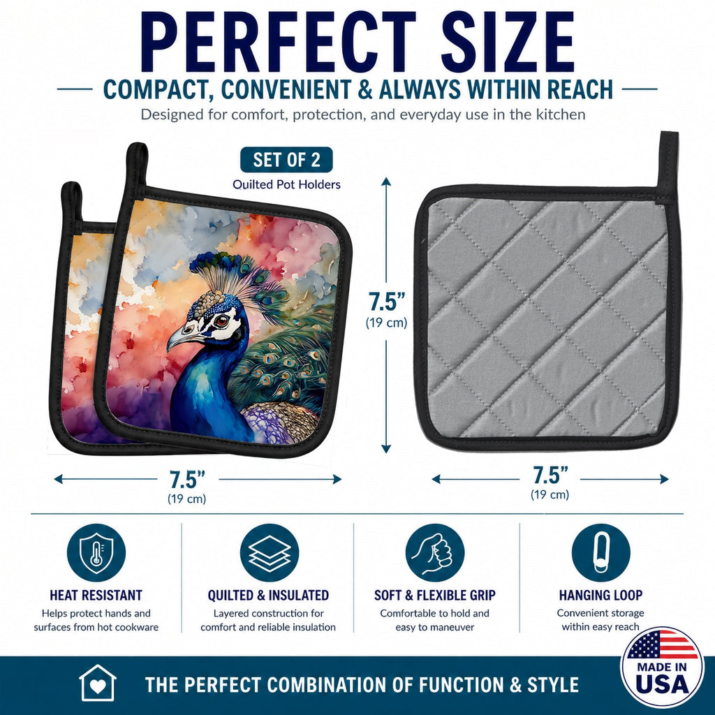 Peacock Portrait Colorful Pot Holder Set of 2 Heat Resistant Quilted Hot Pads 7.5 x 7.5 Inch, Insulated Kitchen Trivets for Cooking & Baking
