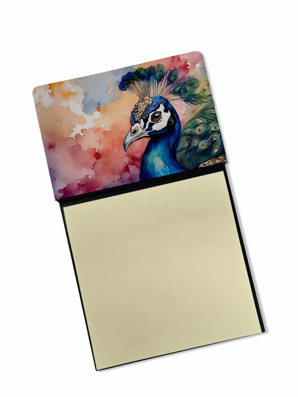 Peacock Portrait Colorful Watercolor Sticky Note Holder Refillable Dispenser Desk Accessory 3x3 Pad Gift
