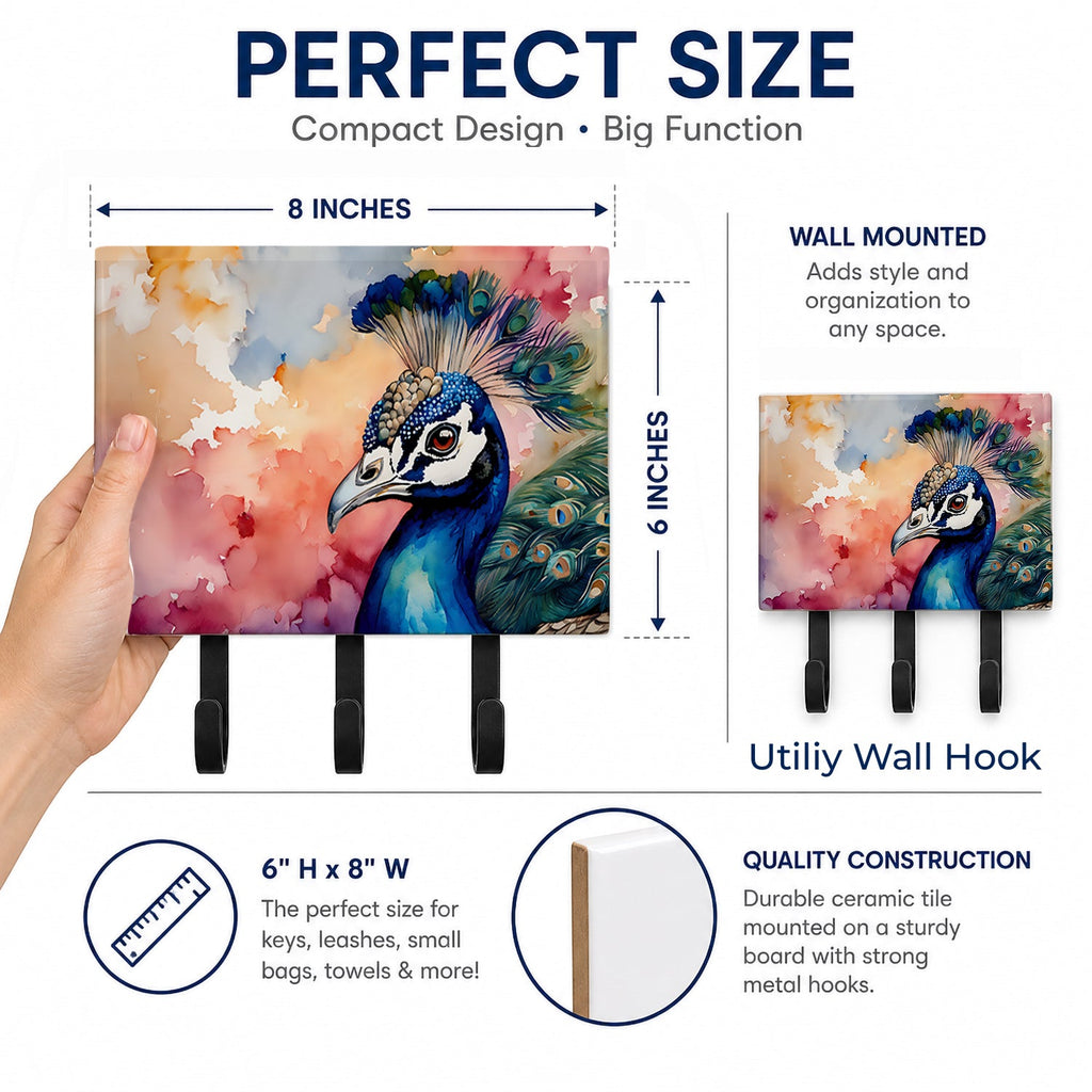 Peacock Portrait Colorful Leash or Key Holder Wall Hooks, Coat Rack Wall Mount, for Hanging Keys, Towels, Aprons, Leashes