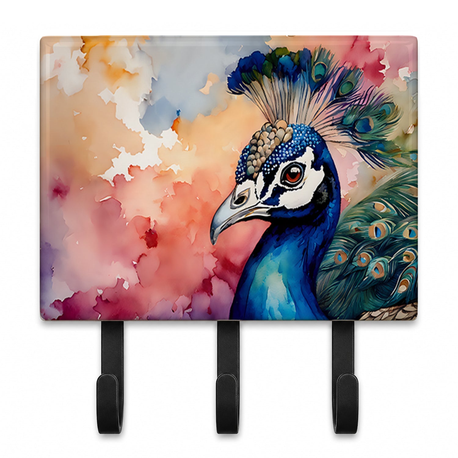 Peacock Portrait Colorful Leash or Key Holder Wall Hooks, Coat Rack Wall Mount, for Hanging Keys, Towels, Aprons, Leashes
