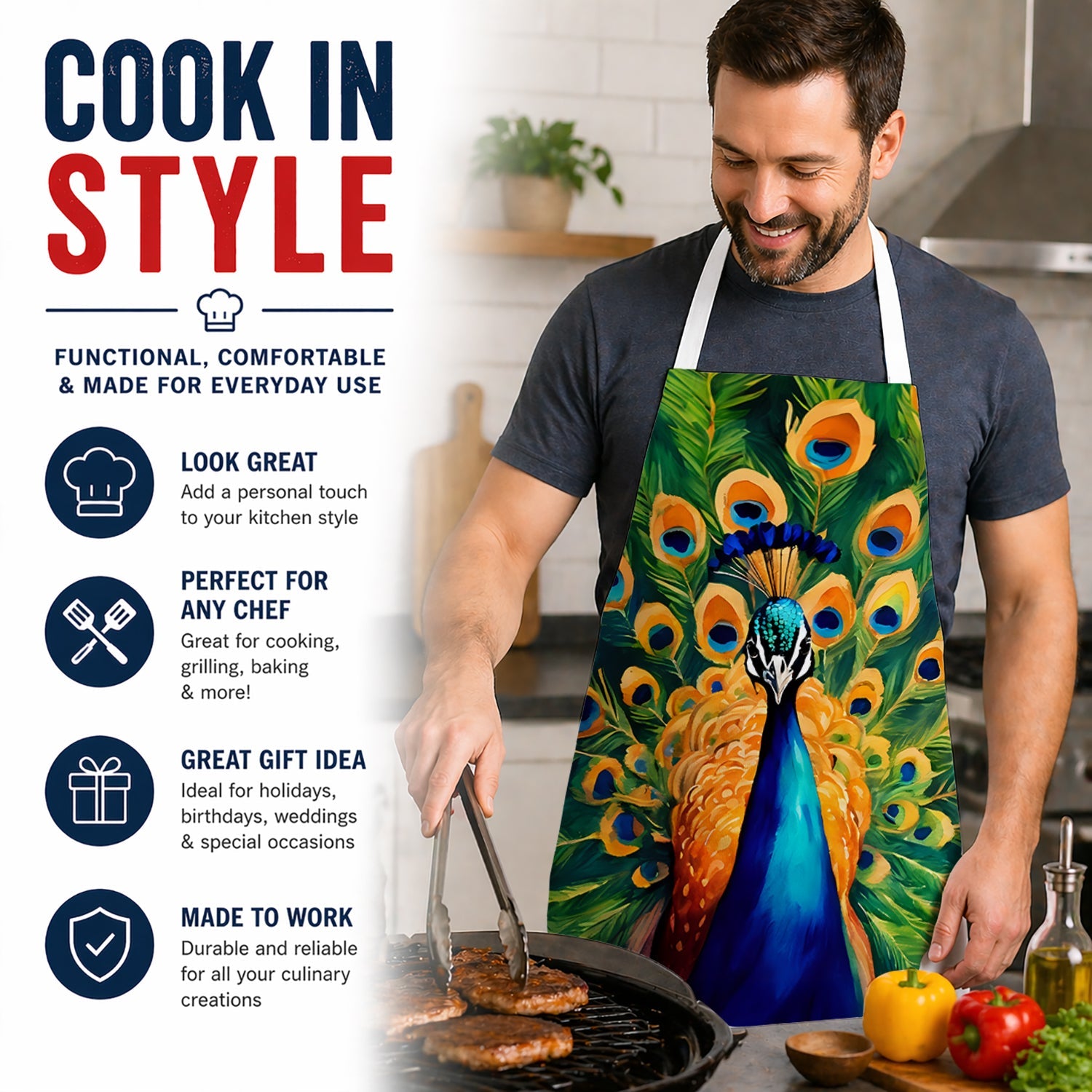 Peacock Full Feather Display Vibrant Apron Cooking Kitchen Server Baking Crafts Gardening for Adult Women Men, Unisex, Large, Multicolor